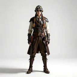 braided-hair steampunk aviator, cinematic studio photo, full body, standing, isolated on a pure white background, centered, whole figure in frame, sharp focus, studio lighting
