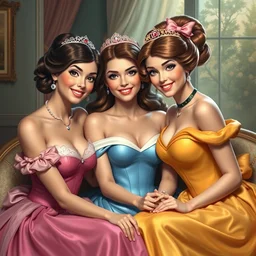 disney princess friends by gil elvgren and olivia de berardinis and fritz willis, hyperrealism, highly detailed