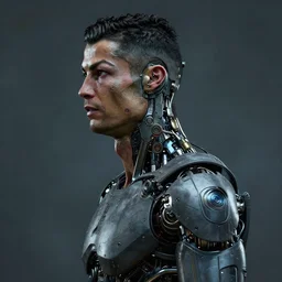 a cristiano ronaldo with cybernetic enhancements, scifi character portrait by greg rutkowski, esuthio, craig mullins, 1 / 4 headshot, cinematic lighting, dystopian scifi gear, gloomy, profile picture, mechanical, half robot, implants, steampunk