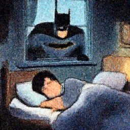 man sleeping in bed with batman lurking menacingly in the window. Cartoon