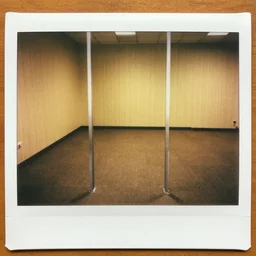 empty 9 0 s office building with no windows doors or furniture the building has brown carpet and yellow wallpaper, polaroid, full of baked beans