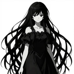 rima mashiro, absurdly long hair, black, phantom, wearing a dress, in the style of beksinski, vibrant, chiaroscuro, high detail, perfect artwork, clean lines