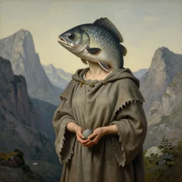 A detailed gray-eyed woman with the head of a fish stands among the mountains with a pebble in hands. Wearing a ripped mantle, robe. Extremely high details, realistic, fantasy art, solo, masterpiece, art by Zdzisław Beksiński, Arthur Rackham, Dariusz Zawadzki