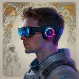 side view future coder man, sleek cyclops display over eyes and glowing headset, neon accents, holographic colors, desaturated headshot portrait digital painting by dean cornwall, rhads, john berkey, tom whalen, alex grey, alphonse mucha, donoto giancola, astronaut cyberpunk electric lights profile