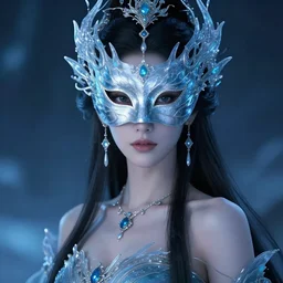 portrait of a beautiful female ice witch immortal with a mask, elegant, fancy dess, ornaments, highly detailed, beautiful, cinematic lighting, 2 d animate style, mesmerizing, 8 k hd, artstation, by hideyuki morioka, ito ogure, vofan, greg rutkowski, victo ngai, artgerm