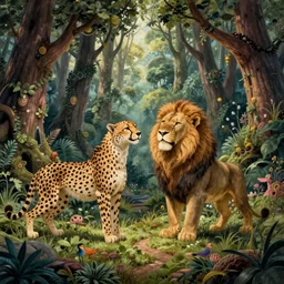 cheetah and lion celebrating in fairytale forest , huge scale, high detail, intricate by Jonathan Bentley and Hayao Miyazaki