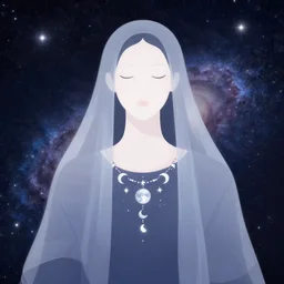 a portrait of a galaxy as an androgynous druid spirit wearing a necklace of moons and stars, draped in transparent cloth, flat colors, occult, minimal, swirly, bust by alphonse mucha, decorative art deco border, astrophotography, vast cosmos, digital illustration overlayed on photography, trending on artstation