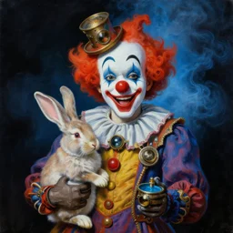 a portrait painting of a happy steampunk psychedelic clown holding a rabbit. blue foggy atmosphere, black background. highly detailed science - fiction painting by norman rockwell, moebius, frank frazetta, and syd mead. rich colors, high contrast. artstation