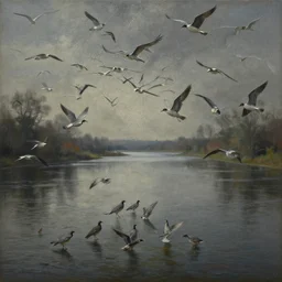 painting of a flock of birds, river landscape, moody : by michal karcz, guillermo del toro :, dynamic, particulate, intricate, elegant, highly detailed, centered, artstation, smooth, sharp focus, octane render