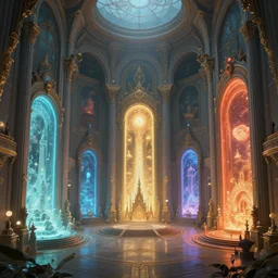Matte painting of the interior view of giant atrium. Various glowing portals to different locations. Fantastical, elaborate, detailed digital art trending in artstation