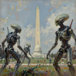 highly detailed painting of alien androids attacking washington dc, by william turner, by greg rutkowski, by william constable, thick brush strokes and visible paint layers, 4 k resolution