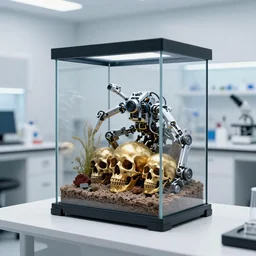 extremely detailed robotic terrarium blending into a golden skull on a table In a cold white research lab
