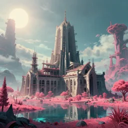 a beautiful detailed render of unfinished building monastery architecture city industrial architecture building by ron walotsky, sea retrowave laser studio ghibli nature alien rainforest vaporwave dramatic lighting landscape tron sunlight lake morning sun synthwave tundra meadow infrared mercury, archdaily, wallpaper, highly detailed, trending on artstation.