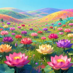 digital illustration of a field of multi - colored megaflora lotus flowers by dr. seuss, reimagined by ilm and beeple : 1 | spectral color, electric color, rolling hills : 0. 9 | fantasy : 0. 9 | unreal engine, deviantart, artstation, hd, 8 k resolution : 0. 8