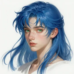 Portrait of adult boy, blue hair flowing, green eyes, intricate, elegant, highly detailed, digital painting, artstation, concept art, smooth, sharp focus, illustration, art by artgerm and greg rutkowski and alphonse mucha