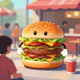 an anthropomorphic hamburger working take out on a busy day