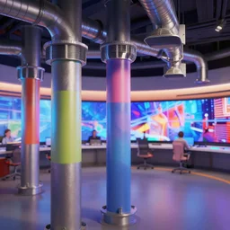 colorful nbc newsroom, industrial columns, metal vents and ducts, curved walls, large hd monitors, octane render, unreal engine 5, ray tracing, depth of field