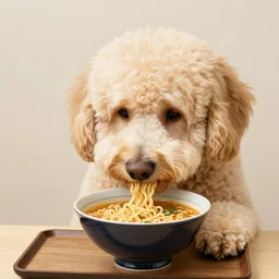 blonde labradoodle eating a bowl of ramen, japanese commercial, food photography, stock photo