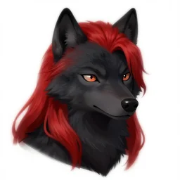 character concept art of a black anthropomorphic male wolf long red hair | | cute - fine - face, pretty face, key visual, realistic shaded perfect face, fine details by stanley artgerm lau, wlop, rossdraws, james jean, andrei riabovitchev, marc simonetti, and sakimichan, trending on artstation
