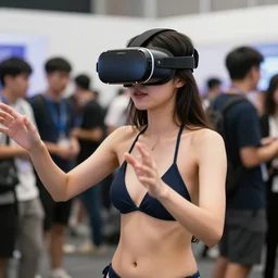 an attractive women in a bikini wearing the rift 2 vr headset in the year 2 0 3 9, the headset has a slim design. she is at a vr meetup event with a bunch of geeks in the background.