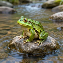 A frog sitting on a glistening creek rock, flowing clear water creek bed, photorealistic 3D artwork.