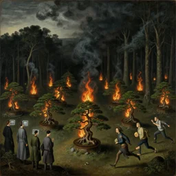 a surreal painting by hieronymus bosch of a dark forest of small japanese bonsai trees on fire, smoke in the sky, people standing around screening and running, ominous, oil on canvas