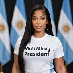 Nicki Minaj president in a Argentina presidential rally forefront, background out of focus, 100mm, Argentine flags behind her, super detailed picture, hd