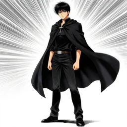 a man wearing black jeans and a cape by kentaro miura