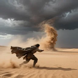 guy with a cape being pushed back by the wind on a windy desert, sand tornado, thunderstorm, side view, wind, 8 k, ultra detailed, award winning, trending on artstationhd, epic, dramatic, cinematic,,