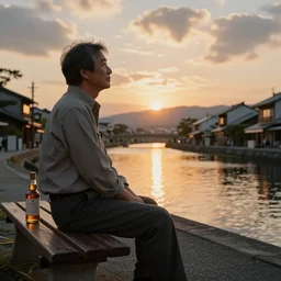 middle aged man sitting on a bench watching sunset in a Japan small town port, a bottle of whiskey next to his seat