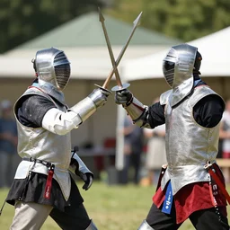 2 medieval knights wearing sunglasses jousting using keytars as lances, photograph