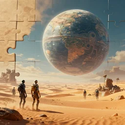 cyberpunk apocalyptic desert scenery with humanoids in a futuristic planet presented as a pieces from a puzzle, hypermaximalistic, high details, cinematic, 8 k resolution, beautiful detailed, insanely intricate details, artstation trending, octane render, unreal engine