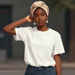 portrait analog stylized rendered illustration of black gen z model wearing a head wrap and pearl earring, fashion outfits with clean t shirts for mockups, ultra fashion model poses, modern fashion portraits illustration. rembrandt hipster color moody cinematic. depth of field. by vogue