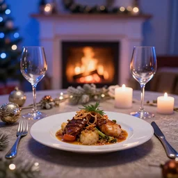 a wonderful photo of a delicious dish on a ornament table, wine glasses, cosy atmosphere, ambient blue lights, candles, fireplace, ultra realistic details, trending on artstation, 8 k
