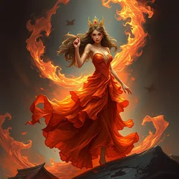a princess in a fiery dress by wlop!!!, digital painting, concept art, trending on artstation, dramatic composition