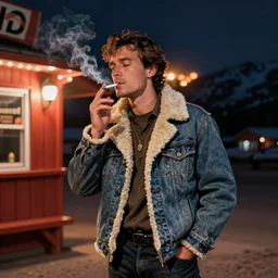 a man in a shearling denim jacket smokes a cigarette outside a lonely colorado bar, art by angus mcbride, hd, night scene, composition inspired by gregory crewdson.