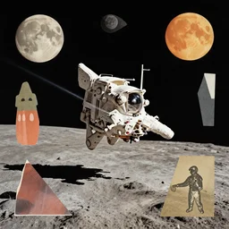 A collage of Space Travel, landing on the moon, mid-century modern, made of random shapes cut from magazines