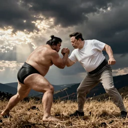 photo of Elon Musk wrestling a sumo wrestler