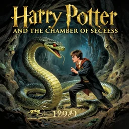 harry is fighting a large snake in a cave, harry potter and the chamber of secrets ( 1 9 9 8 ) book cover design, by greg rutkowski
