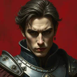 close up of a young emperor wearing an armor ; masculine man with thin faces line and perfect jawline, two sides brown hair, elegant, ethereal horror fantasy art by greg rutkowski, jeremy mann, magali villeneuve and claude monet, large shoulders, red background