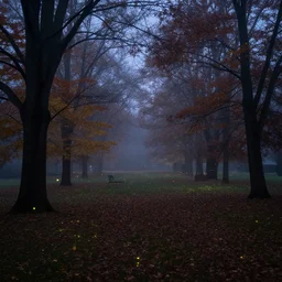 A photo in a park at dusk with mist settling over an autumnal forest, fireflies illuminate the darkness, 4k, trending on artstation