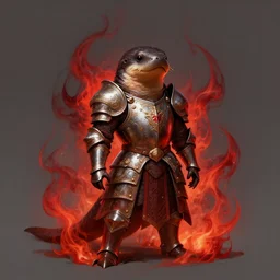 a platypus in royal knights armor, dark thick smokey red fire, intricate, elegant, highly detailed, centered, digital painting, artstation, concept art, smooth, sharp focus, illustration