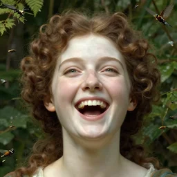 8 k uhd poser render of the face of a young woman with marble complexion, angelic features, her face framed with curls, her head raised in rapture, laughing, portrait photography, symmetrical eyes, by john singer sargent, background lush vegetation, insects and birds, dof narrow, 1 0 5 mm lens