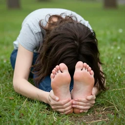 stock photo of woman burying her face in feet