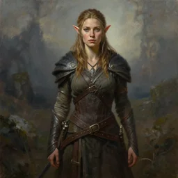 a full body high detail fantasy portrait oil painting illustration of maya hawke as a beautiful rugged stoic barbarian elf woman by justin sweet with face and body clearly visible, in a scenic background, pupils visible, realistic proportions, d & d, rpg, forgotten realms, artstation trending, high quality, sombre mood, artstation trending, muted colours, entire person visible!, natural light,