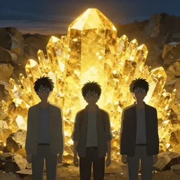 three men with their faces hidden all wearing glasses approaching a huge golden ore deposit at dusk, the large ore crystals are gleaming yellow, poster art by makoto shinkai, featured on pixiv, environmental art, official art, anime, movie poster