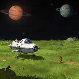 next to a small spaceship, that has landed on a grass field, on an alien planet, from a space themed point and click 2 d graphic adventure game, set design inspired slightly by tomb raider, art inspired by thomas kinkade and [ [ mark keathley ] ] and greg rutkowski