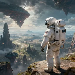 an astronaut overlooking at an amazing alien landscape, digital art, breathtaking, extremely detailed, hyperrealistic, dynamic lighting, particles, unreal engine, simon stålenhag, rendered by Beeple, Makoto Shinkai, syd meade, simon stålenhag, environment concept, trending on artstation, octane render, 4K UHD image