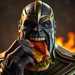 film still of thanos eating a burger burger in mouth consuming burger eating a burger in avengers infinity war, 8 k