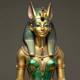 highly detailed hyperrealistic artnouveau portrait of goddess bastet sculpture in her glorious golden emerald outfit magically beautiful and realistic and worshipful in style of davinci 8 k